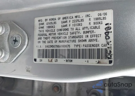 2006 Honda Accord 2.4 Ex z USA, uszkodzony, nr VIN 1HGCM56796A160675